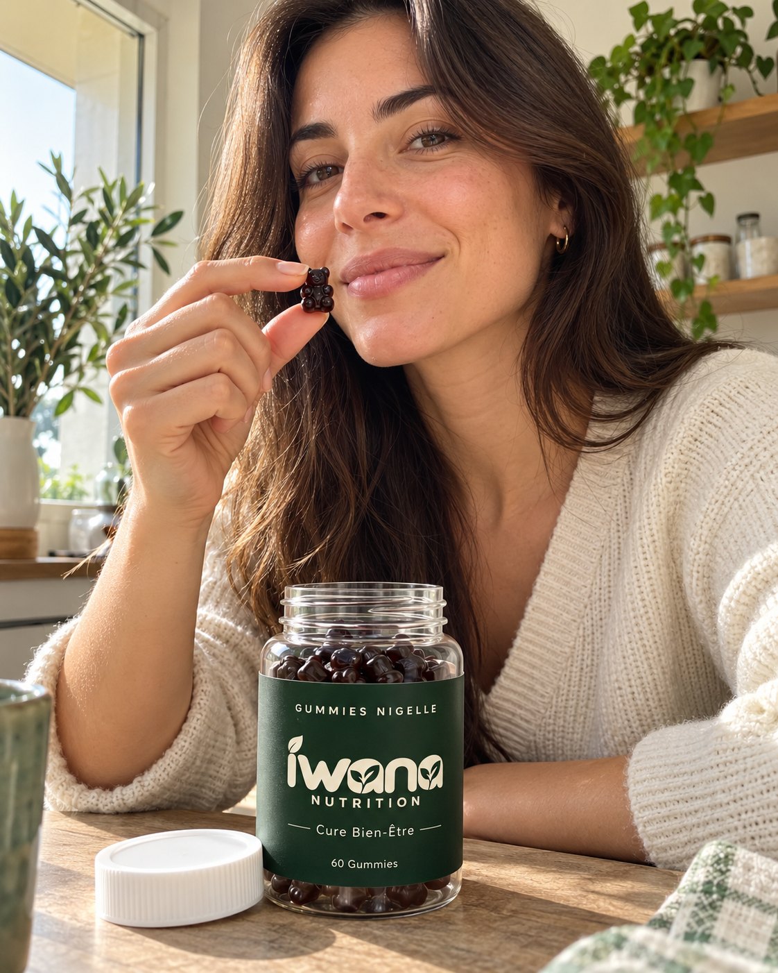 Une gummy à l'huile de nigelle le matin, pot Iwana Nutrition ouvert
