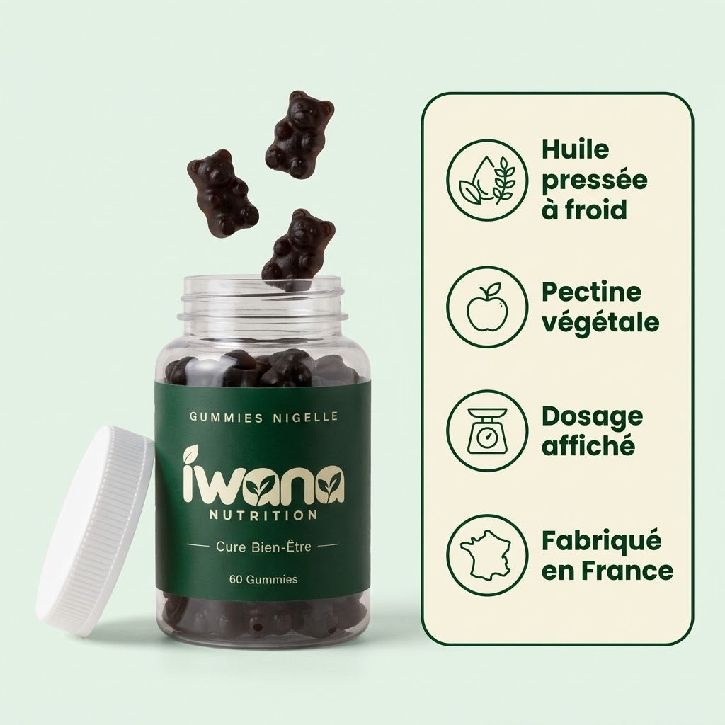 Pot de Gummies de Nigelle Iwana Nutrition : huile pressée à froid, pectine végétale, dosage affiché, fabriqué en France