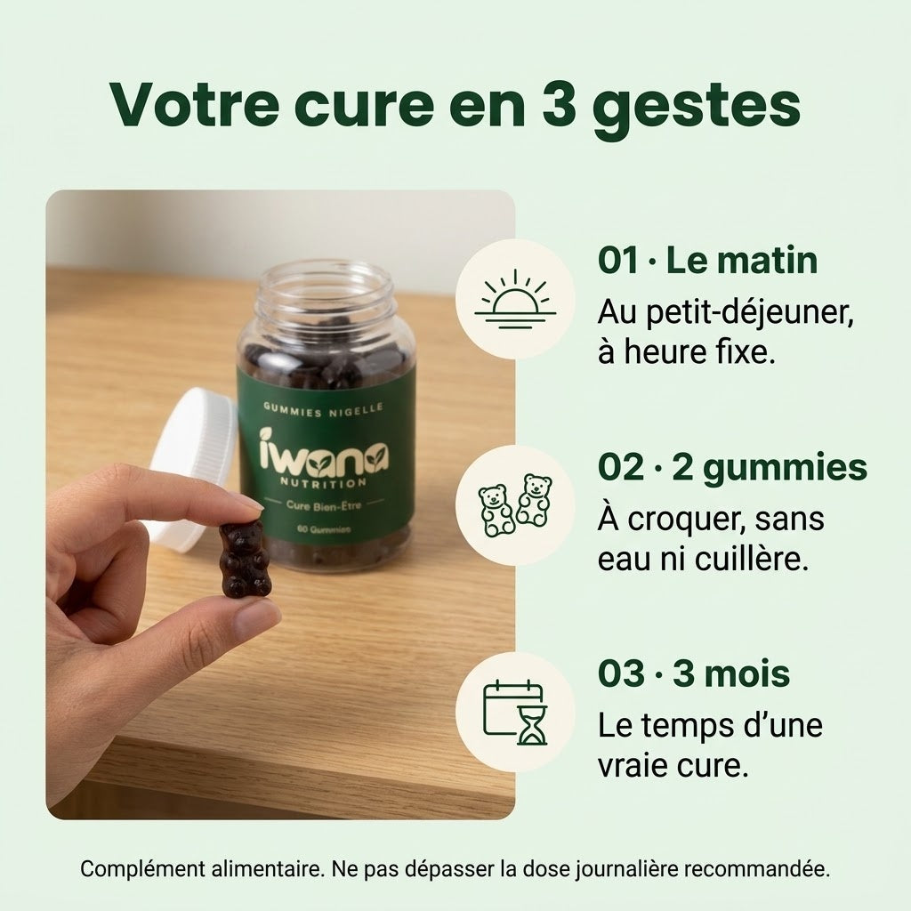 Votre cure en 3 gestes : le matin, 2 gummies, 3 mois
